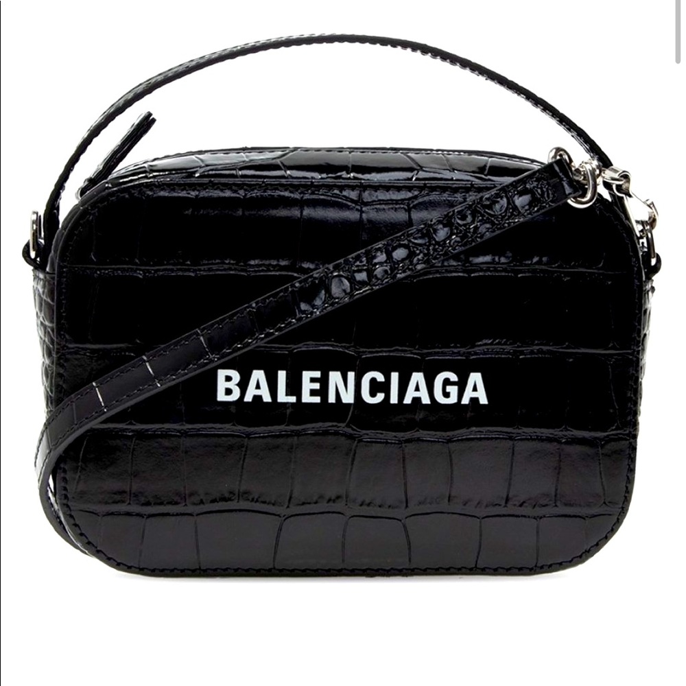 NEW Balenciaga Black Everyday XS Crocodile Skin Embossed Leather Shoulder Bag